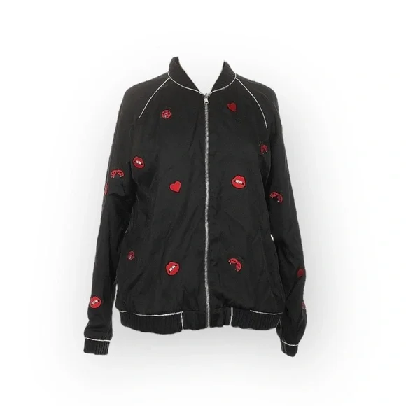 new Lauren Moshi 𖠌 Paris Ladybug Love Kiss Patch Bomber Jacket 𖠌 Black 𖠌 Medium - Picture 7 of 16